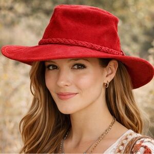 Vintage HH Henschel Hat Suede Leather Cowboy‎ Hat Size M Red Braided Band Boho